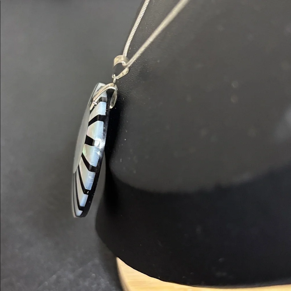 Sunburst Abalone Shell Round Pendant Silver Tone Chain Necklace